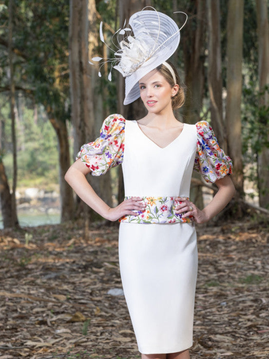 White Peplum V Neck Dress with Bell Sleeves Floral Detail La Creme Boutique