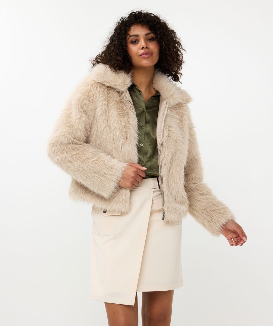 Sand Faux Fur Zip Up Jacket La Creme Boutique