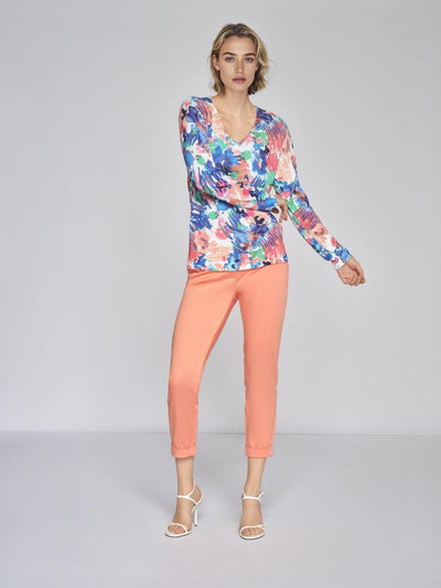 Floral V Neck Knit Top with Full Length Sleeves