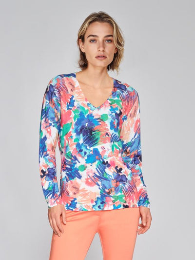 Floral V Neck Knit Top with Full Length Sleeves