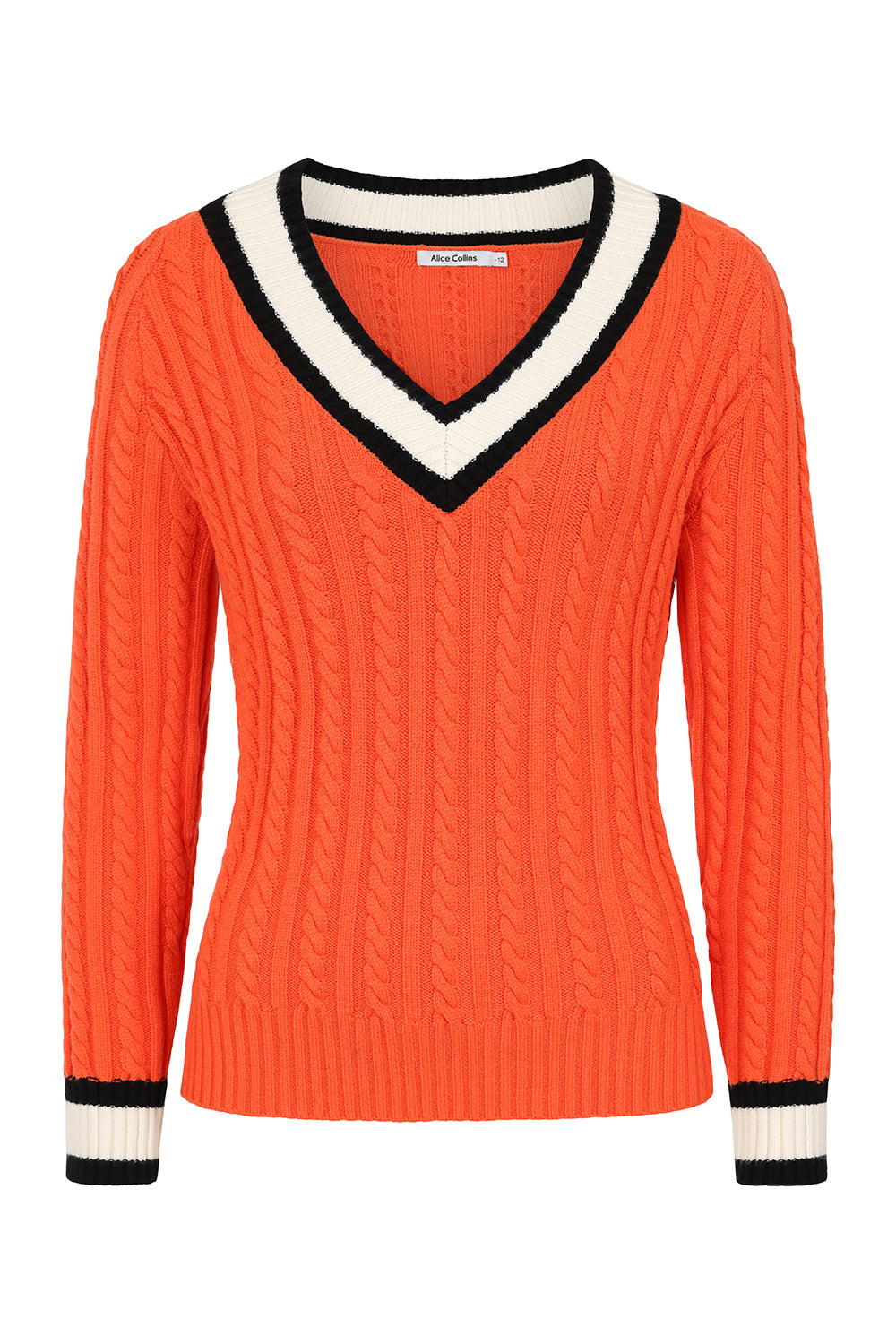 Orange V-Neck Jumper with Colour Stripe Detail on Neck & Cuff