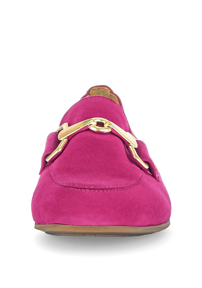 Fuchsia Suede Loafer with Gold Buckle