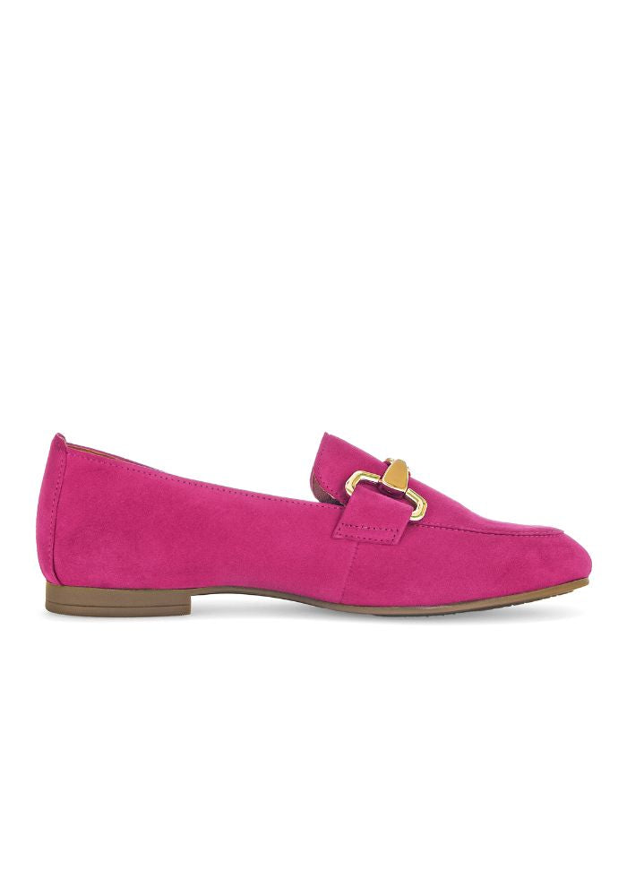 Fuchsia Suede Loafer with Gold Buckle