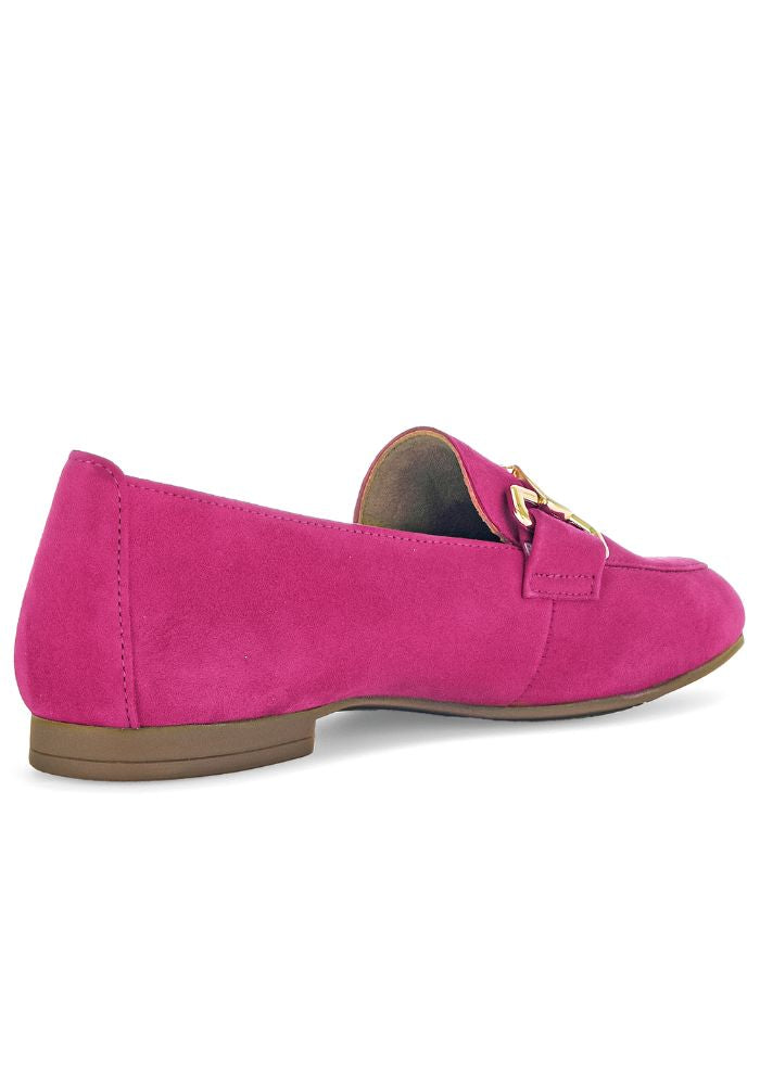 Fuchsia Suede Loafer with Gold Buckle