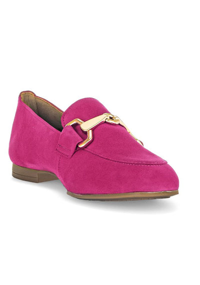 Fuchsia Suede Loafer with Gold Buckle