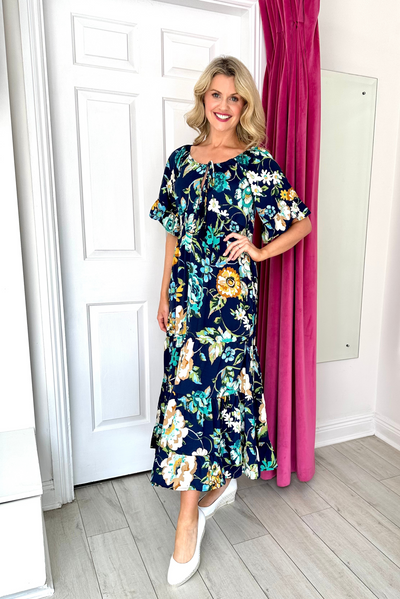 Navy Floral Print Maxi Dress with Tied V Neck and 3/4 Sleeves