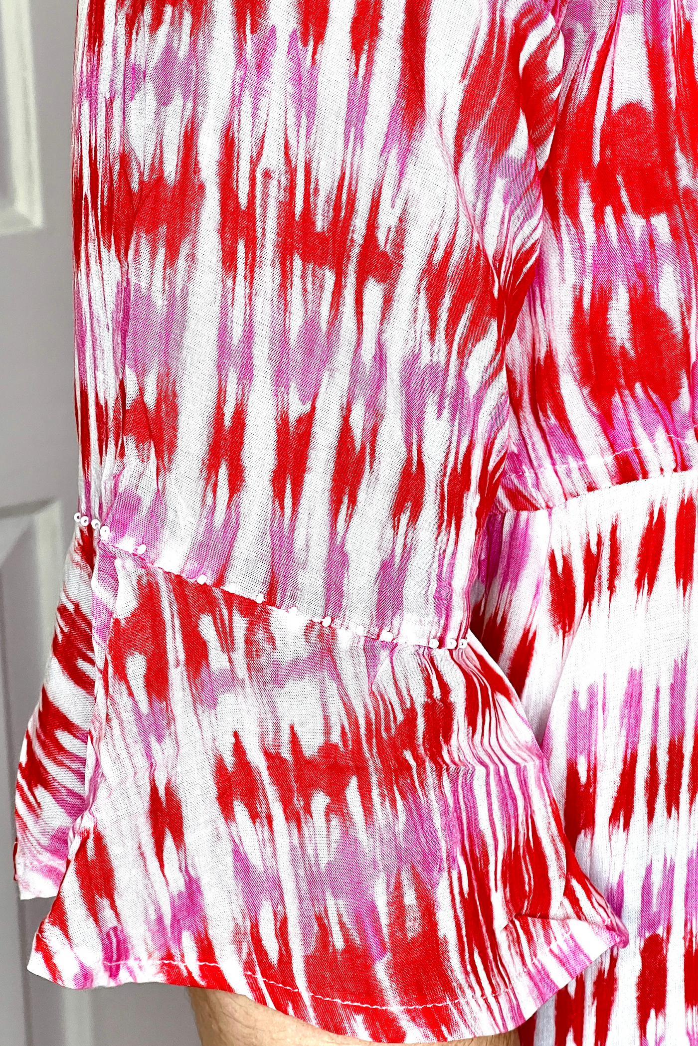 Red & Pink Tie Dye Print Dress with Drawstring and Button Detailing