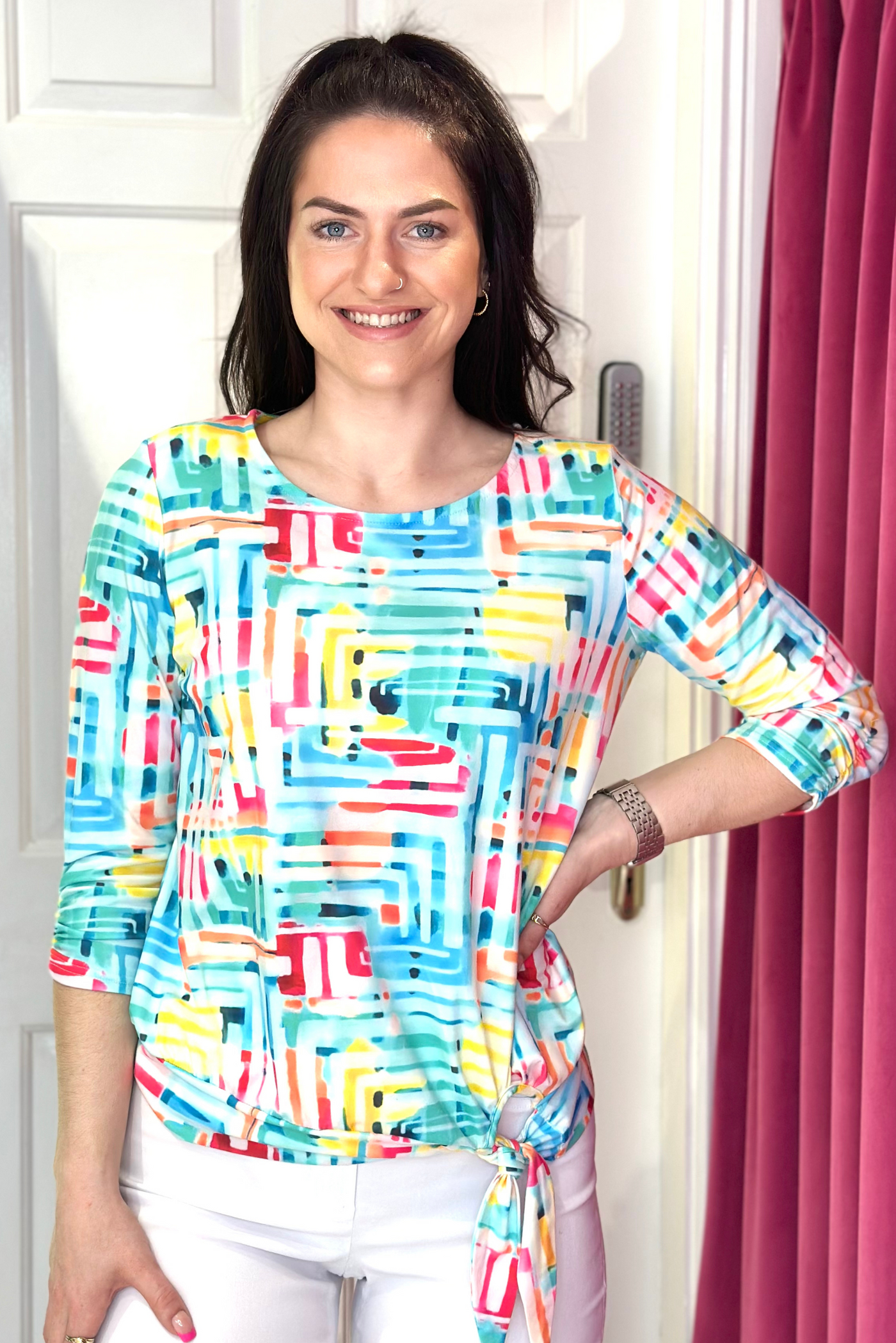 Multicoloured Top with Tie Waist Detail and Rouched Sleeve