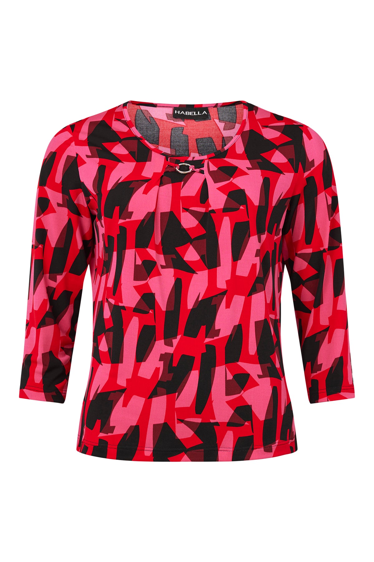 Pink, Red & Black Abstract Print Round Neck Top with 3/4 Sleeve