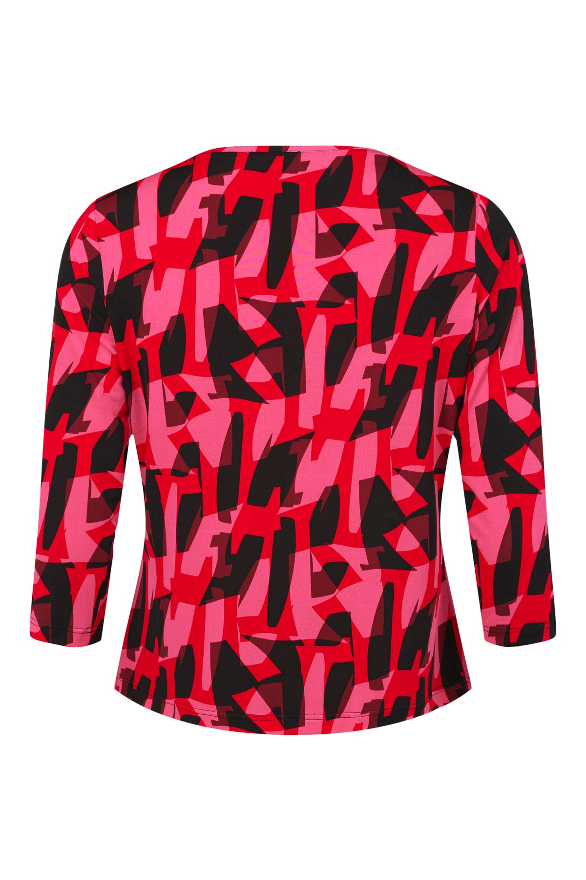 Pink, Red & Black Abstract Print Round Neck Top with 3/4 Sleeve