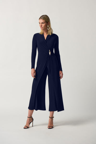 Joseph Ribkoff Midnight Blue Wrap Culotte Jumpsuit with Gold Detail