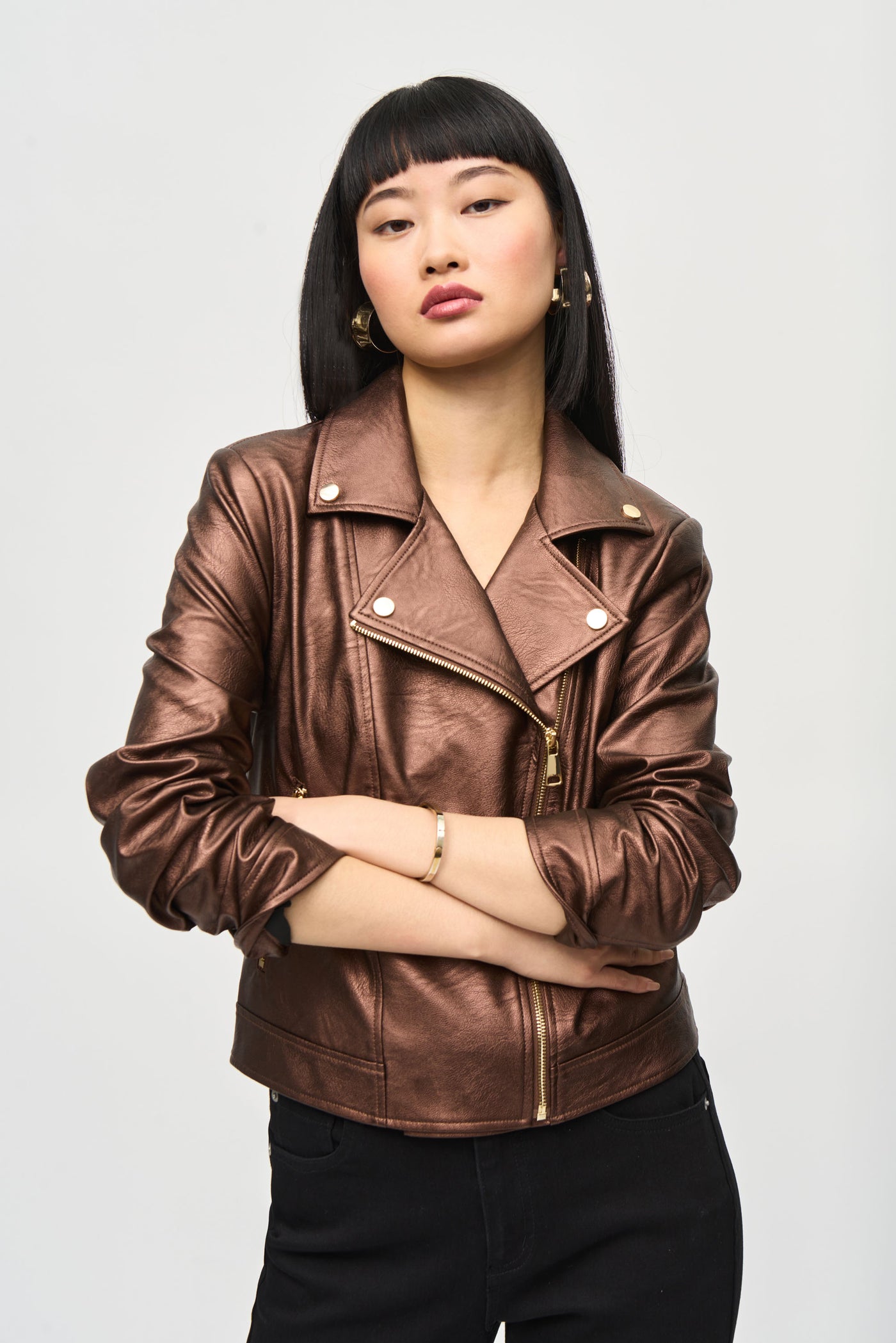 Joseph Ribkoff Bronze Metallic Faux Leather Biker Jacket