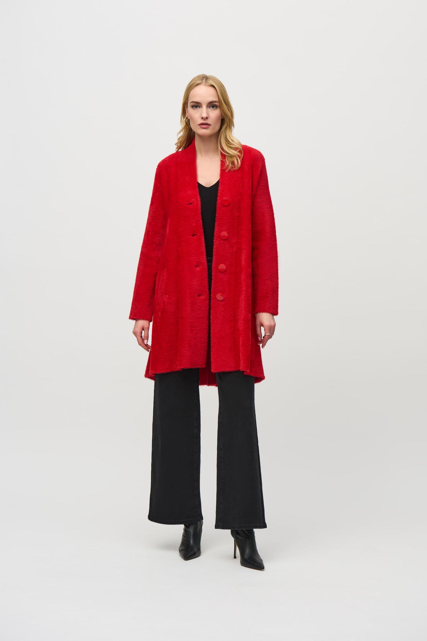 Joseph Ribkoff Lipstick Red Knit Flared Coat With Button Detail