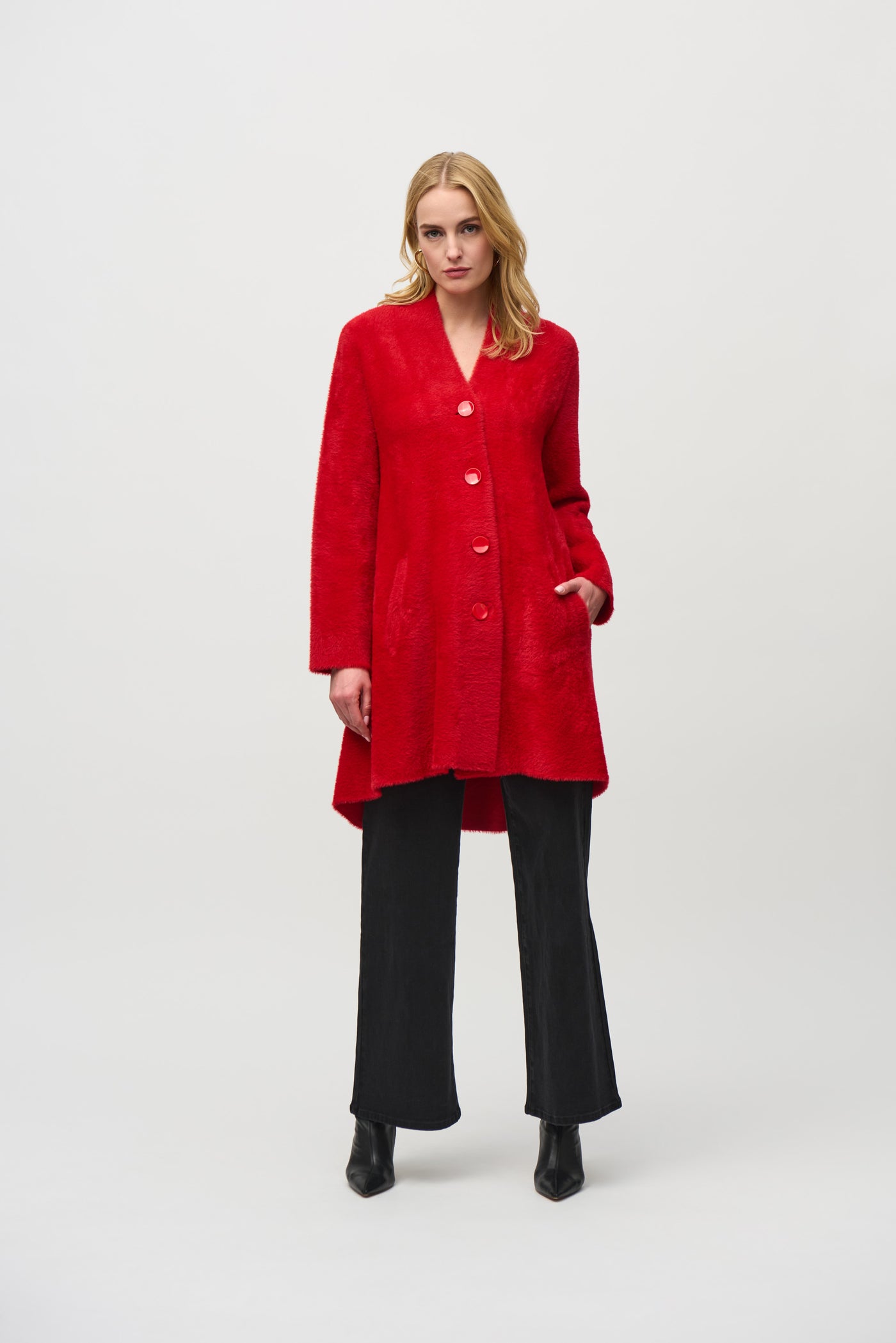 Joseph Ribkoff Lipstick Red Knit Flared Coat With Button Detail