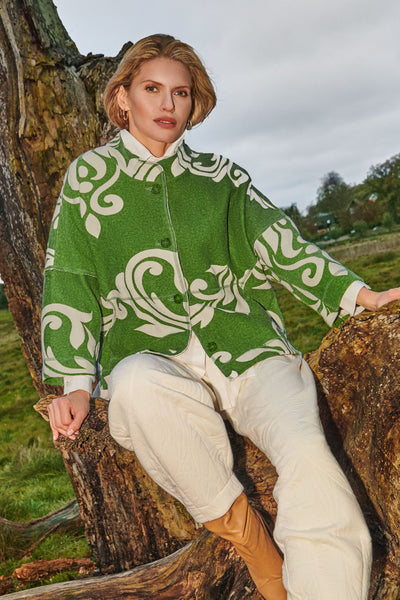 Green & Off White Button Up Boxy Jacket