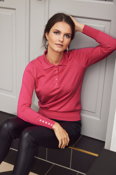 Pink Jumper with Shirt Collar & Button Detail on Cuffs