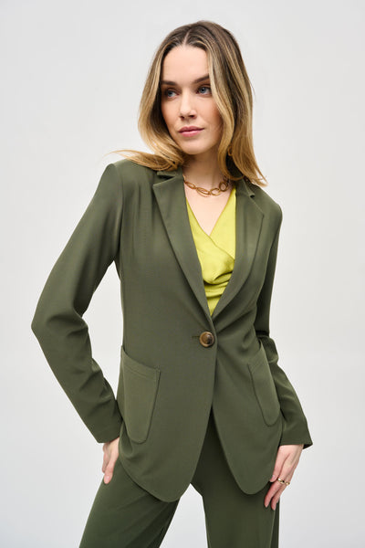 Joseph Ribkoff Dark Green Silky Knit Fitted Blazer with Front Pockets