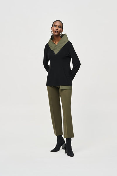 Joseph Ribkoff Black & Khaki Silky Knit Asymmetrical Zip Collar Top