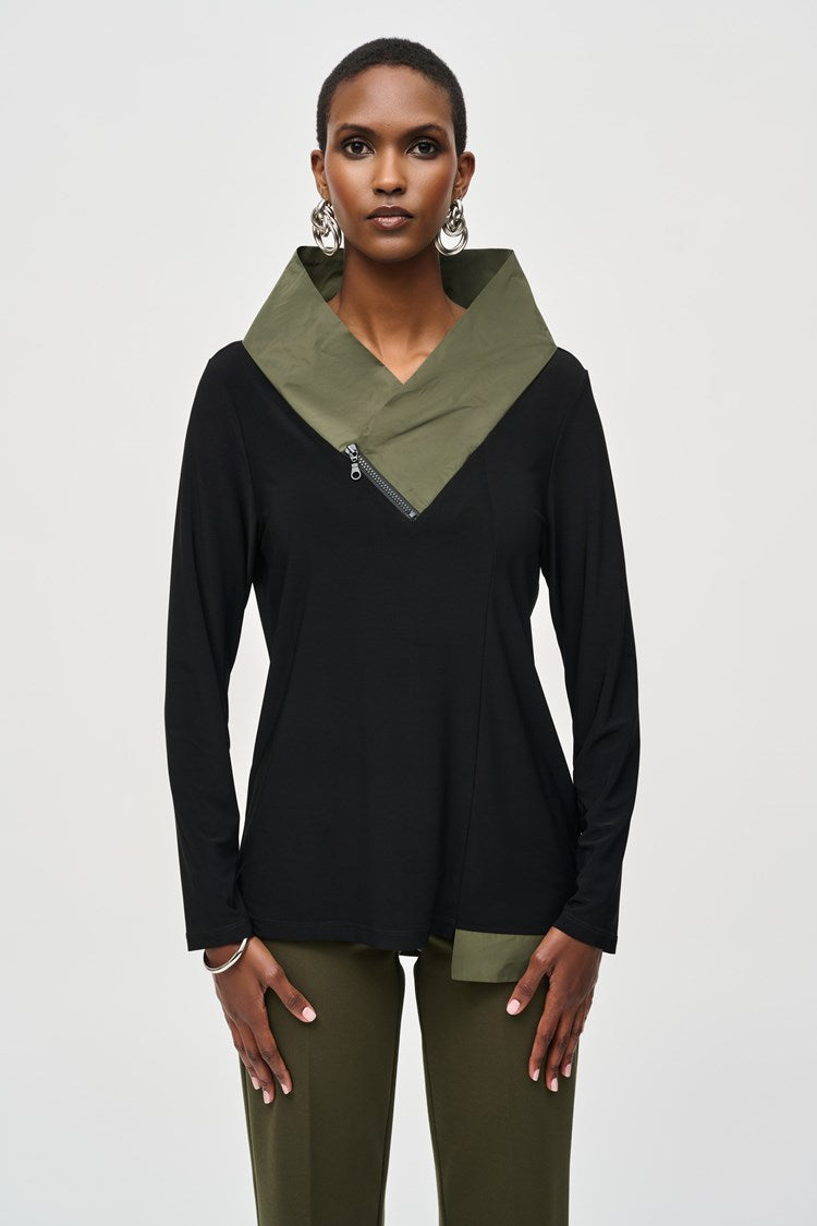 Joseph Ribkoff Black & Khaki Silky Knit Asymmetrical Zip Collar Top