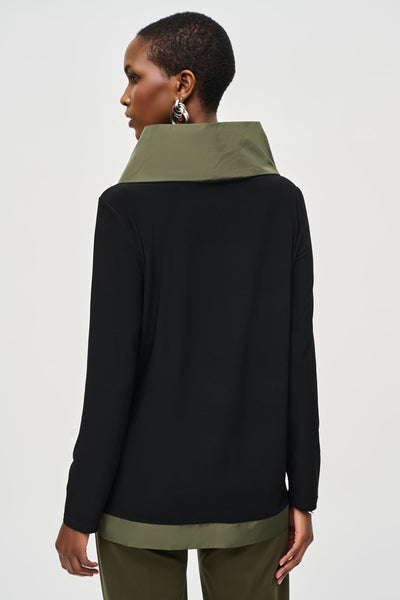 Joseph Ribkoff Black & Khaki Silky Knit Asymmetrical Zip Collar Top