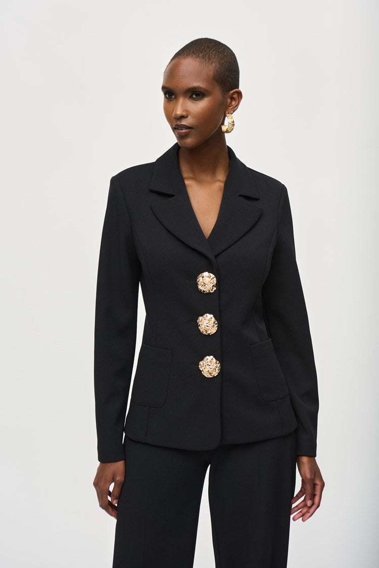 Joseph Ribkoff Black Scuba Crepe Fitted Blazer with Oversize Gold Buttons