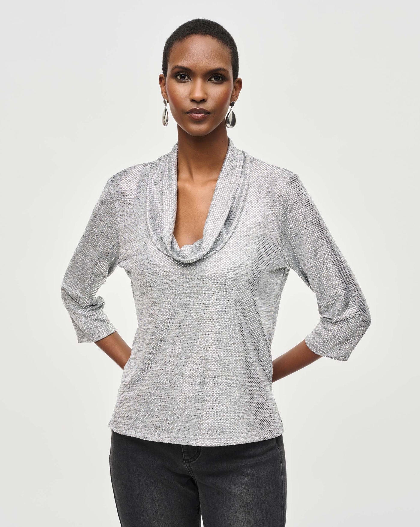 Joseph Ribkoff Silver & Grey Foiled Knit Cowl Collar Top