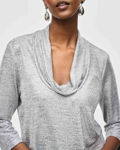 Joseph Ribkoff Silver & Grey Foiled Knit Cowl Collar Top