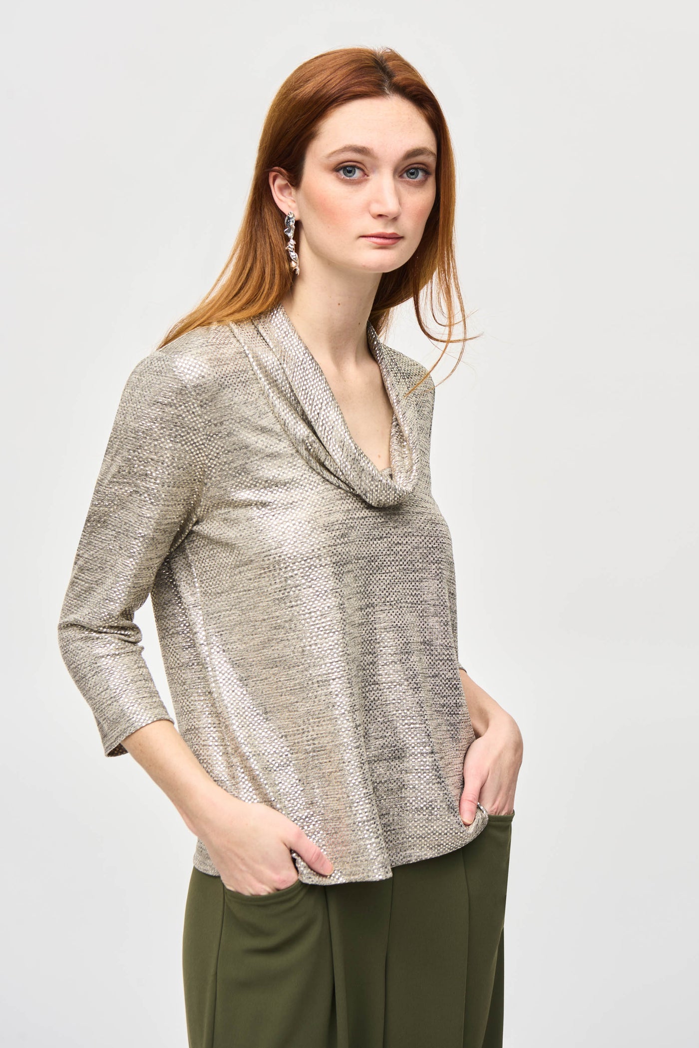 Joseph Ribkoff Beige/Gold Foiled Cowl Collar Top