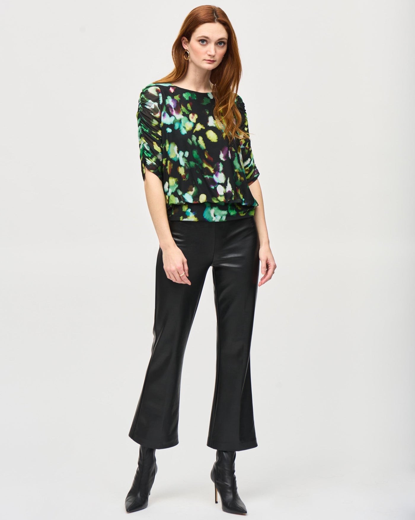 Joseph Ribkoff Green Mesh Abstract Print Blouson Top