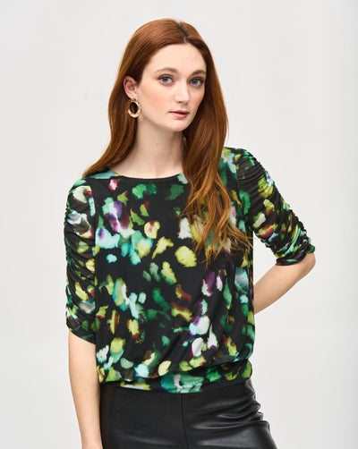 Joseph Ribkoff Green Mesh Abstract Print Blouson Top