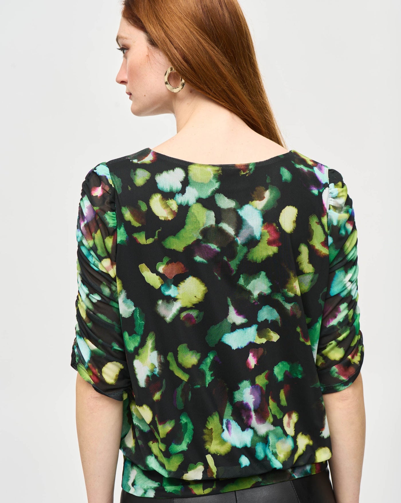 Joseph Ribkoff Green Mesh Abstract Print Blouson Top