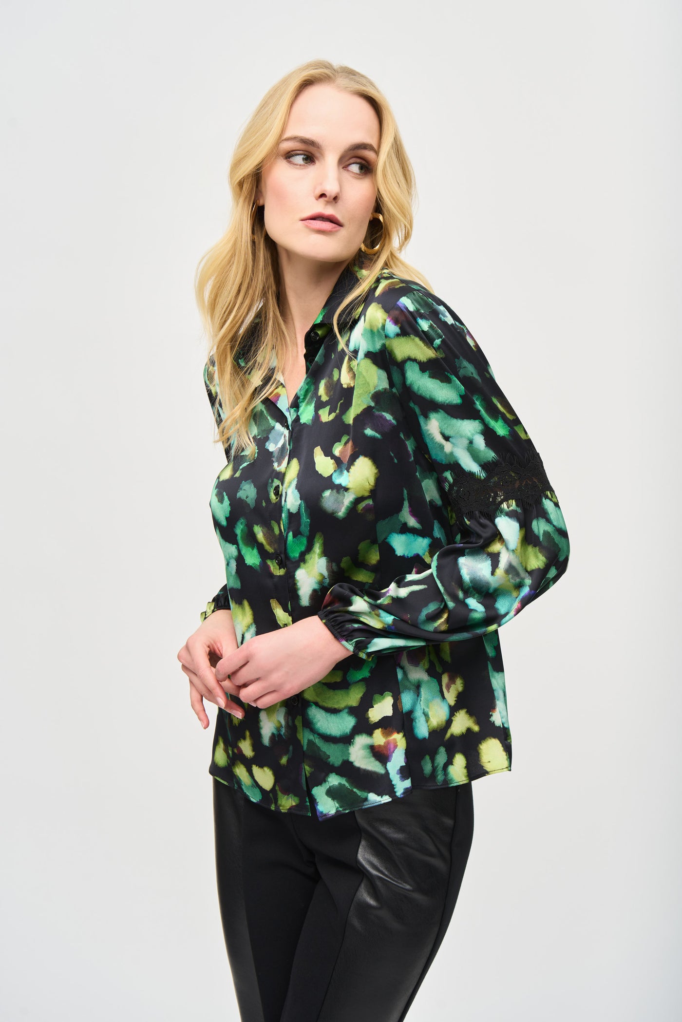 Joseph Ribkoff Green & Black Satin Abstract Print Button-Down Blouse