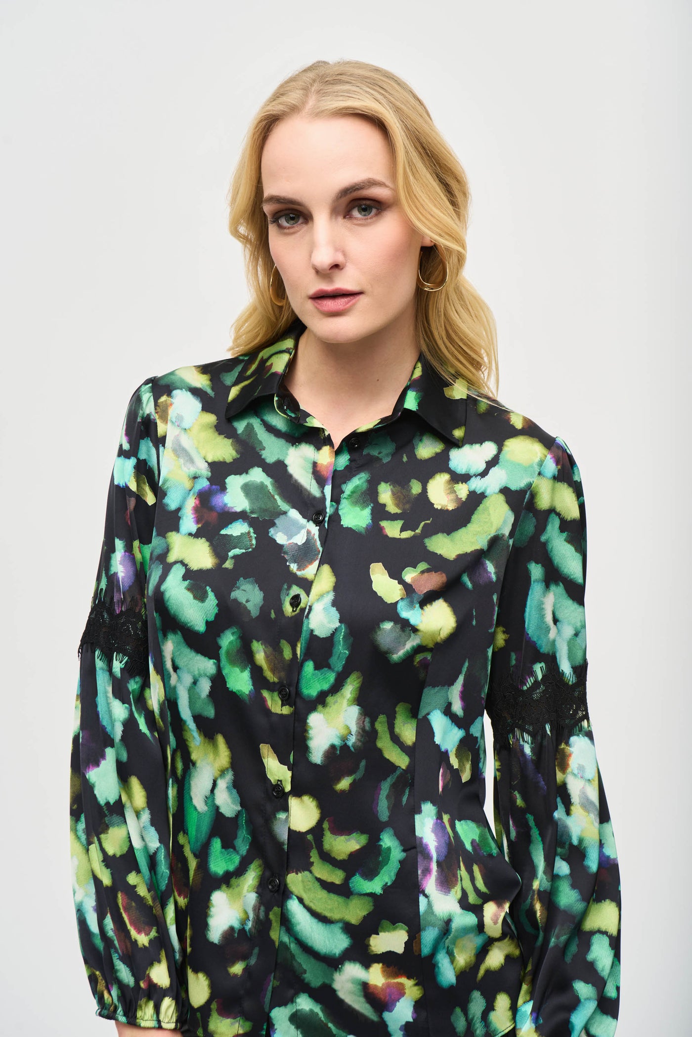 Joseph Ribkoff Green & Black Satin Abstract Print Button-Down Blouse