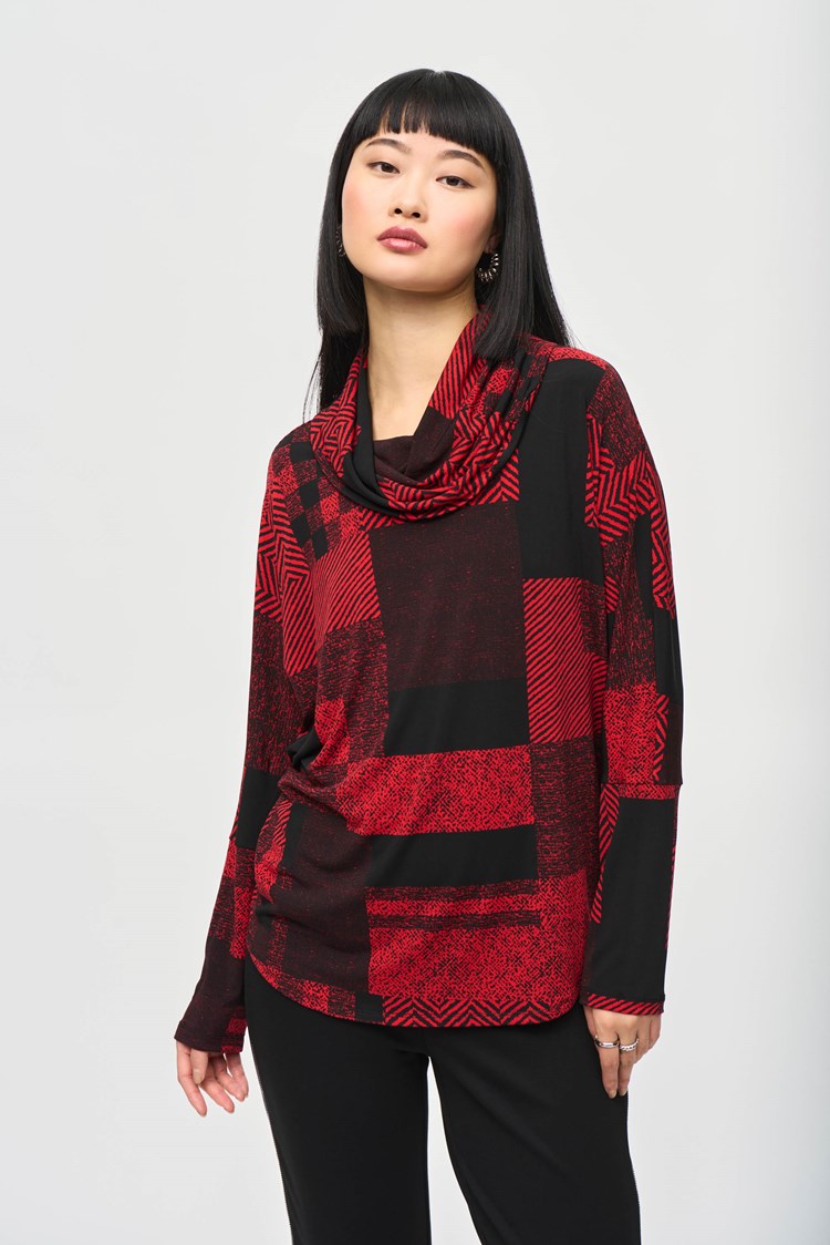 Joseph Ribkoff Black & Red Silky Knit Patchwork Print Boxy Top