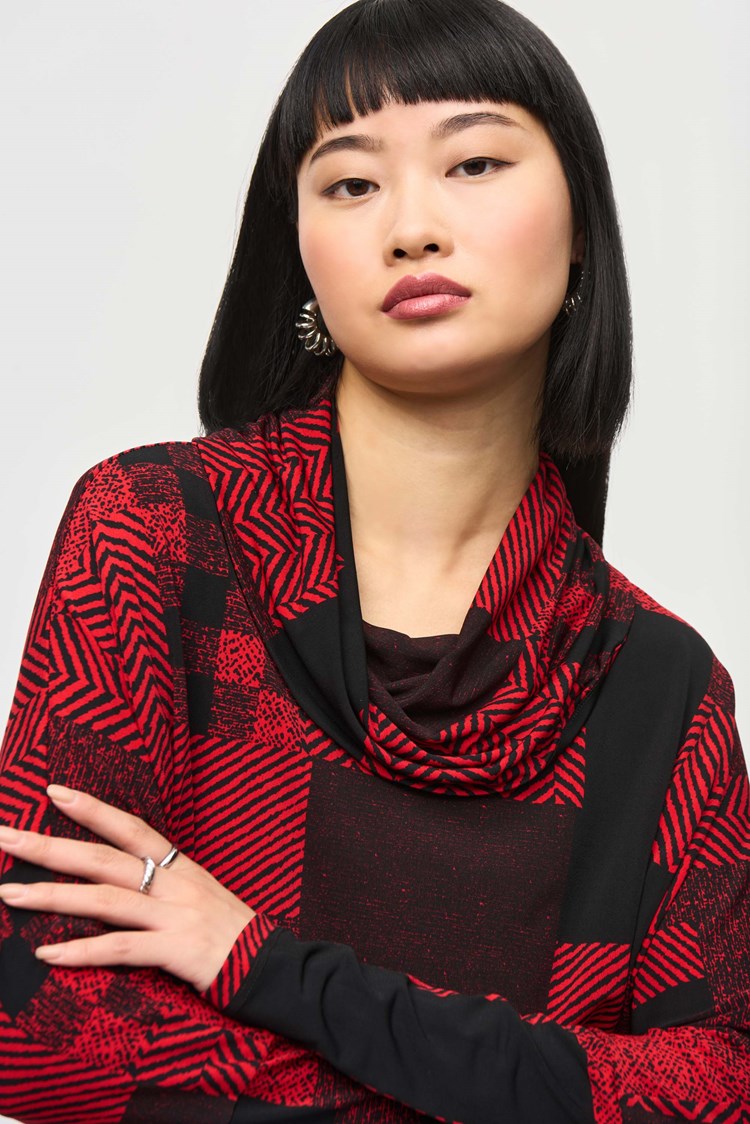 Joseph Ribkoff Black & Red Silky Knit Patchwork Print Boxy Top