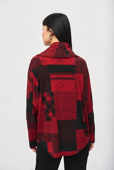 Joseph Ribkoff Black & Red Silky Knit Patchwork Print Boxy Top