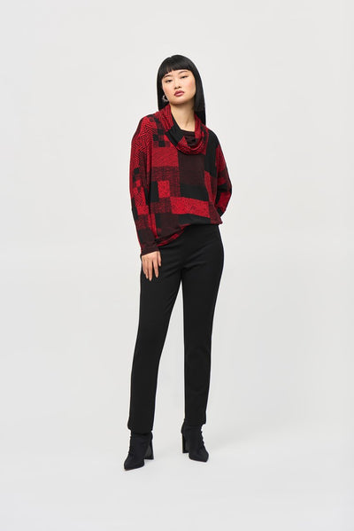 Joseph Ribkoff Black & Red Silky Knit Patchwork Print Boxy Top