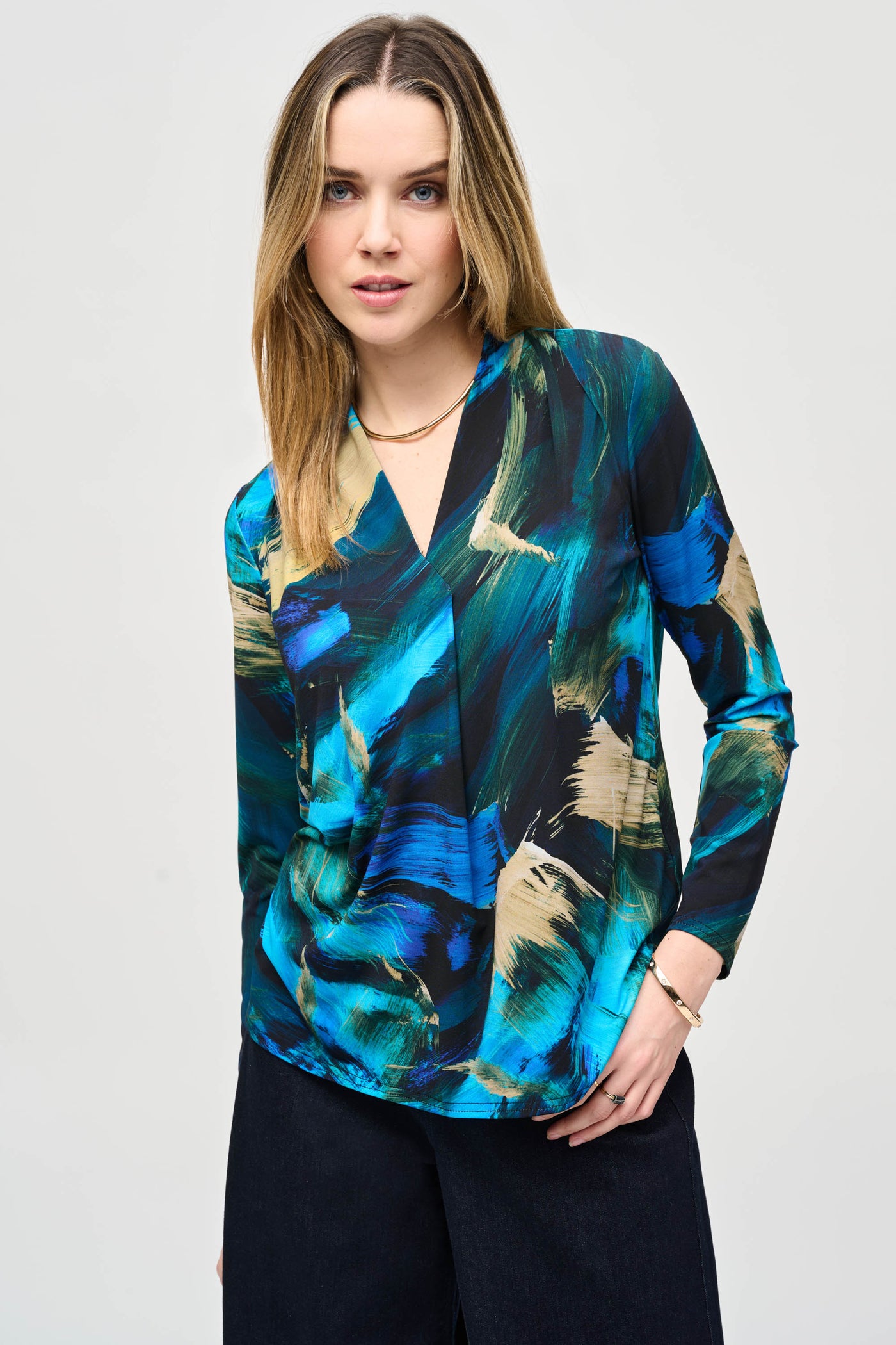 Joseph Ribkoff Silky Knit Abstract Print Top with Front Pleat