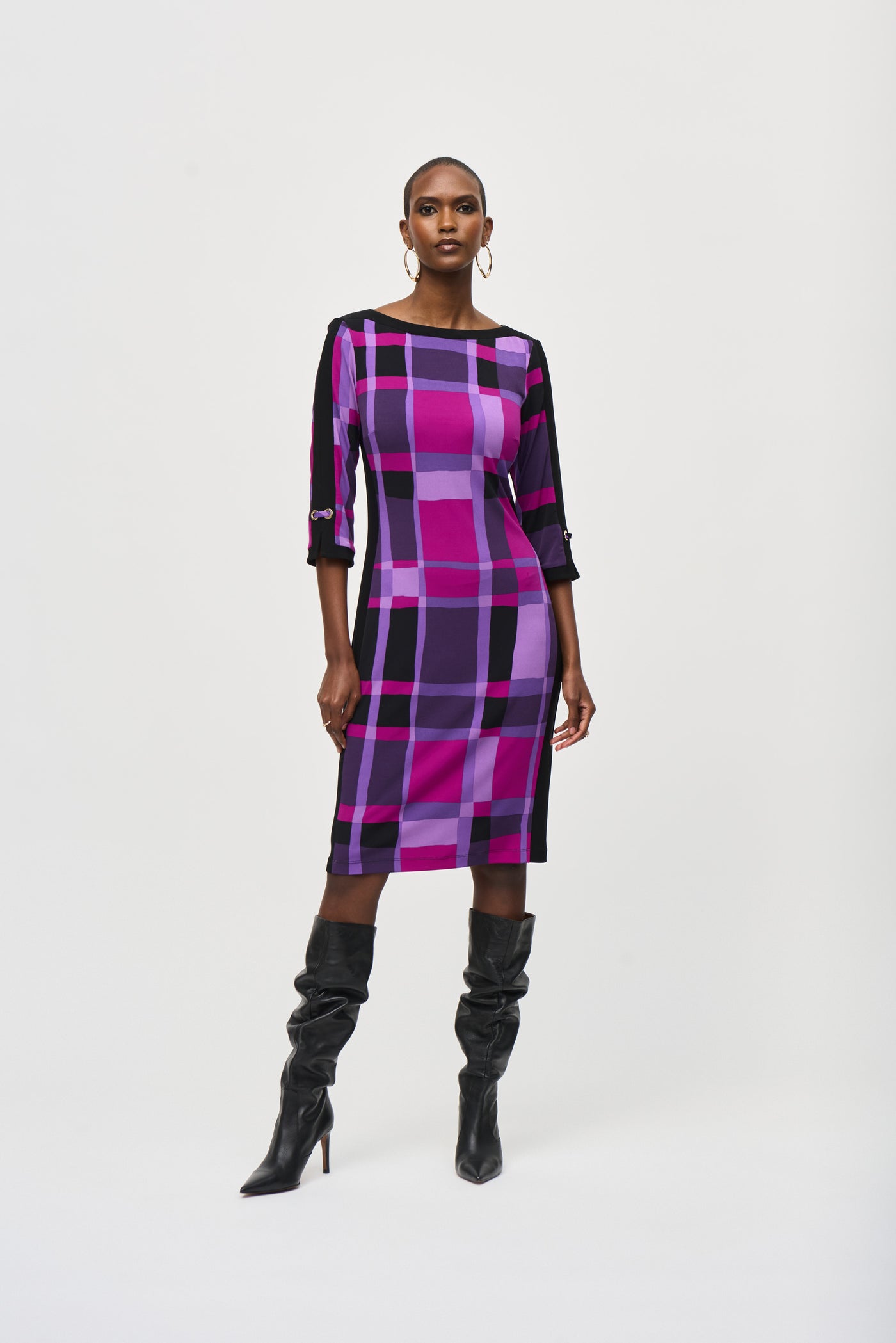 Joseph Ribkoff Purple & Black Plaid Sheath Dress