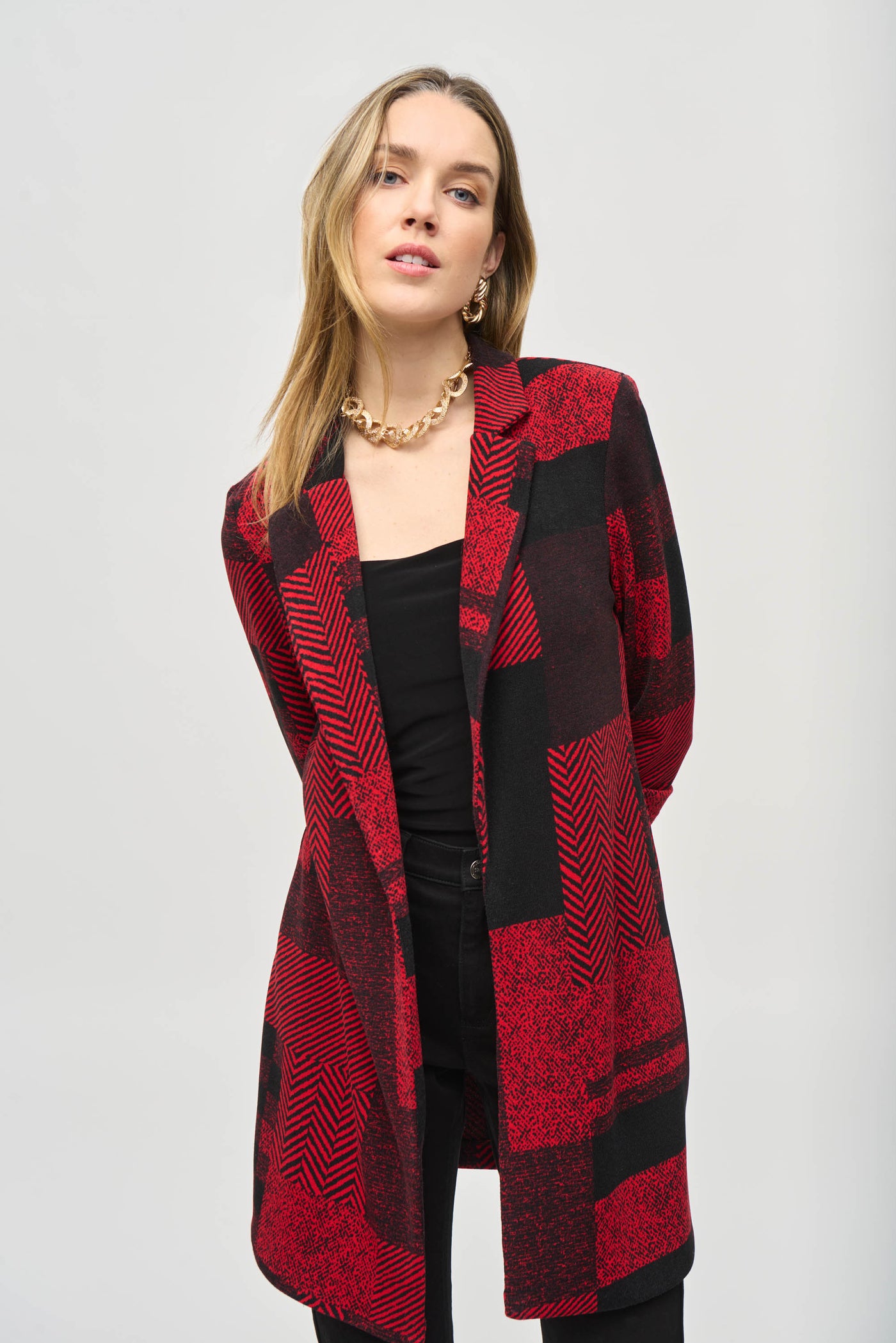 Joseph Ribkoff Black & Red Sweater Knit Patchwork Print Long Blazer