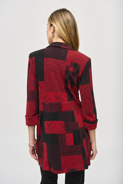 Joseph Ribkoff Black & Red Sweater Knit Patchwork Print Long Blazer