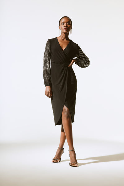 Joseph Ribkoff Wrap Dress with Beaded Chiffon Sleeves