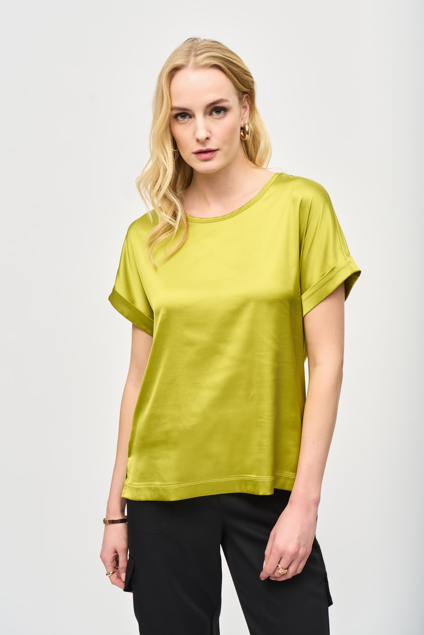 Joseph Ribkoff Lime Green Satin Front Short Sleeve Top