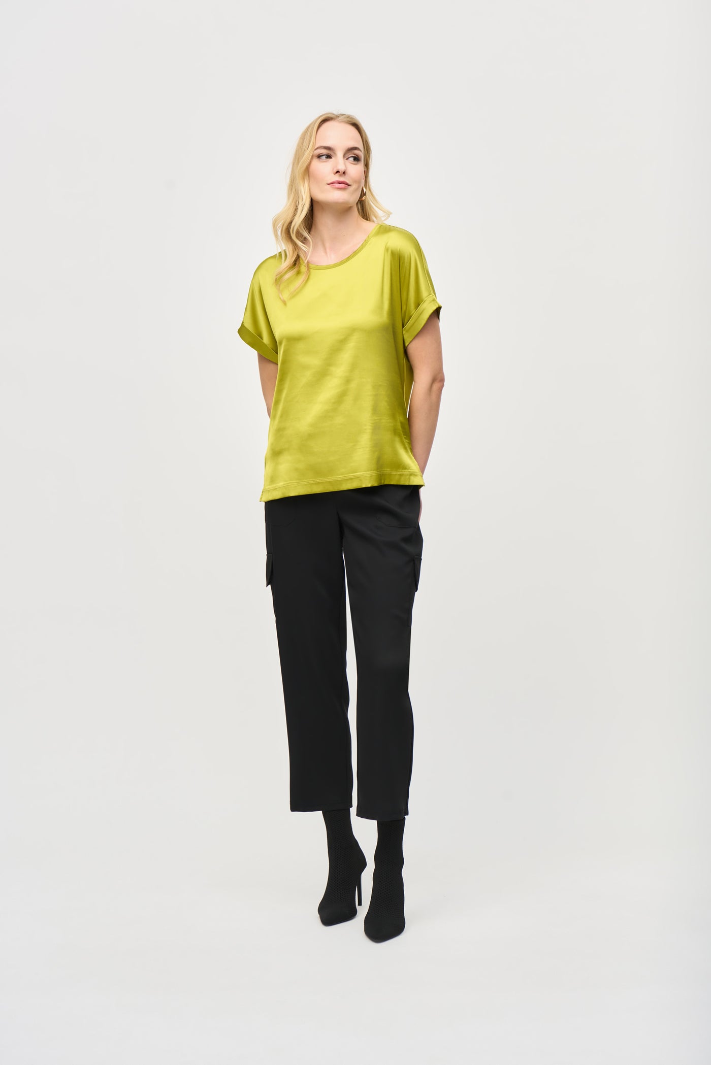 Joseph Ribkoff Lime Green Satin Front Short Sleeve Top