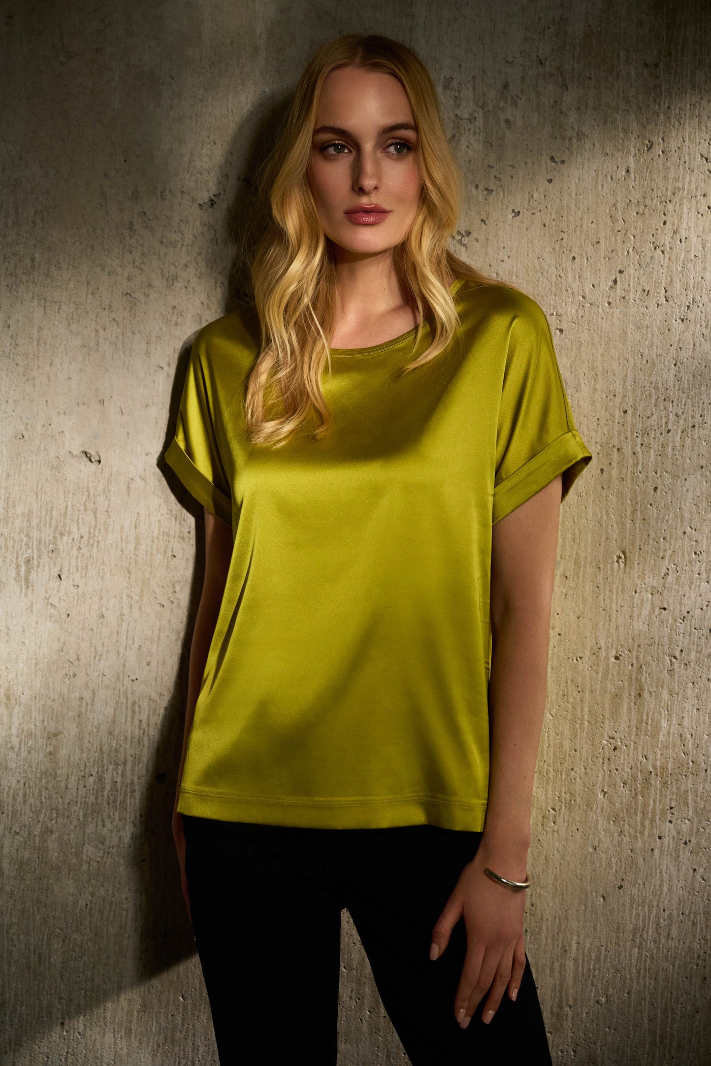 Joseph Ribkoff Lime Green Satin Front Short Sleeve Top