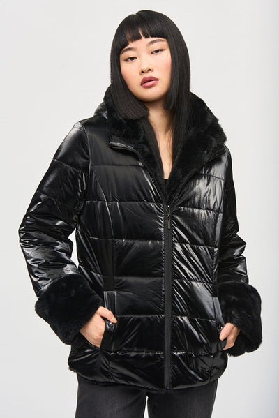 Joseph Ribkoff Black Reversible Faux Fur Quilted Puffer Coat