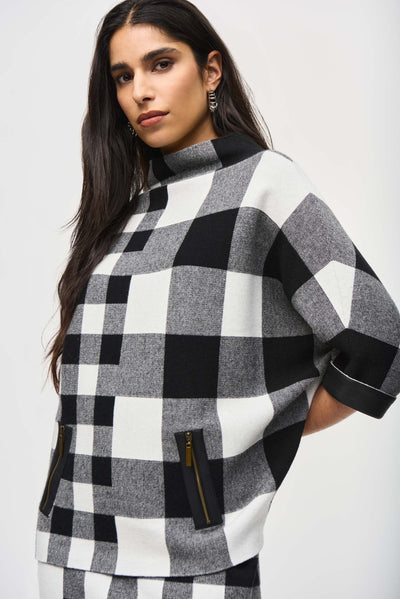 Joseph Ribkoff Plaid Jaquard Knit Sweater with 3/4 Sleeves & Leather Trim