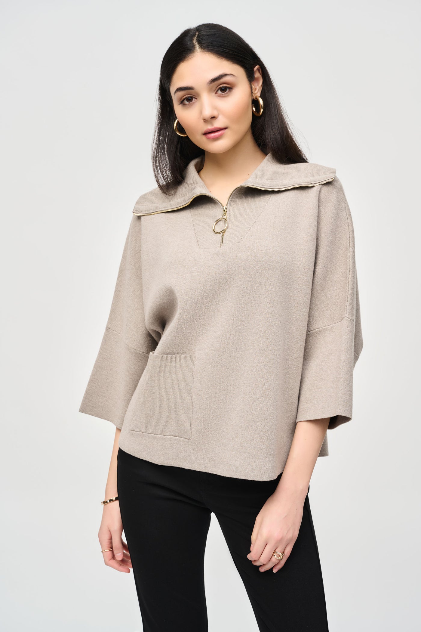 Joseph Ribkoff Taupe Jacquard Zipped Collar Sweater