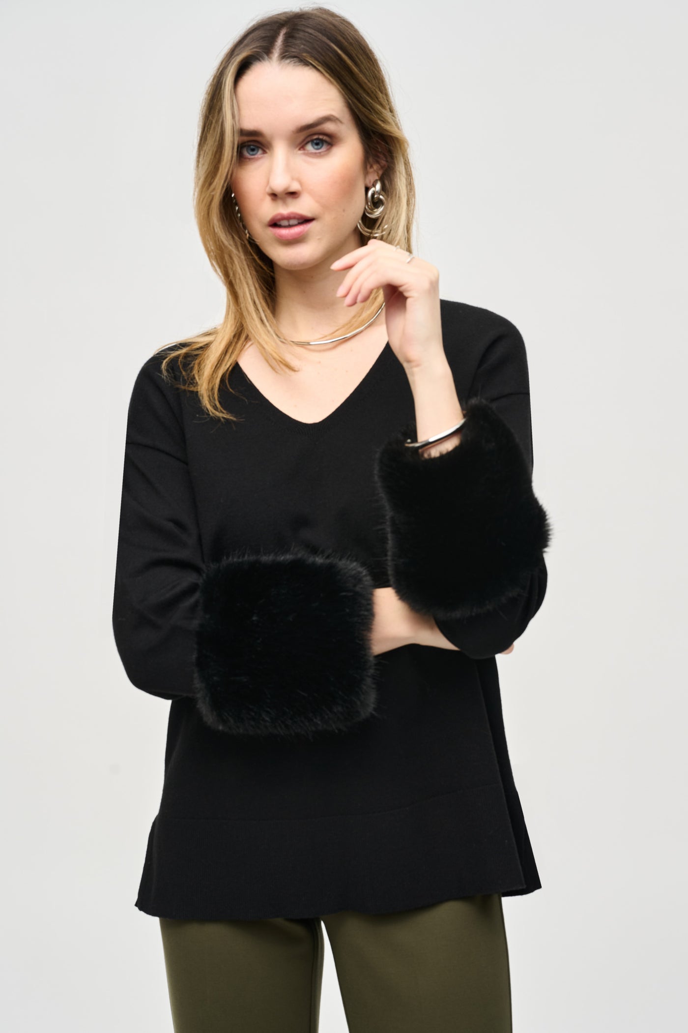 Joseph Ribkoff Black Sweater Knit Tunic Top With Faux Fur Cuffs