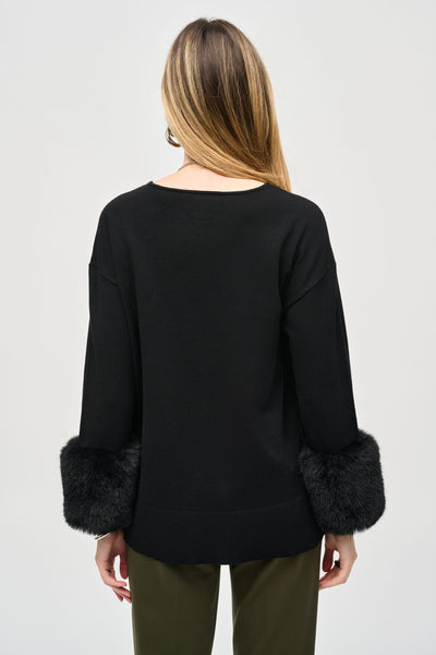 Joseph Ribkoff Black Sweater Knit Tunic Top With Faux Fur Cuffs